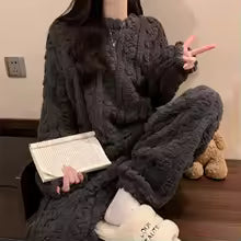 Autumn Women Solid Warm 1/2 Piece Sets Thicken Velvet Ribbed Fleece Set Pullover And Pants Women Casual Pajama Sets 2025