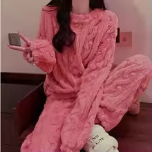Autumn Women Solid Warm 1/2 Piece Sets Thicken Velvet Ribbed Fleece Set Pullover And Pants Women Casual Pajama Sets 2025